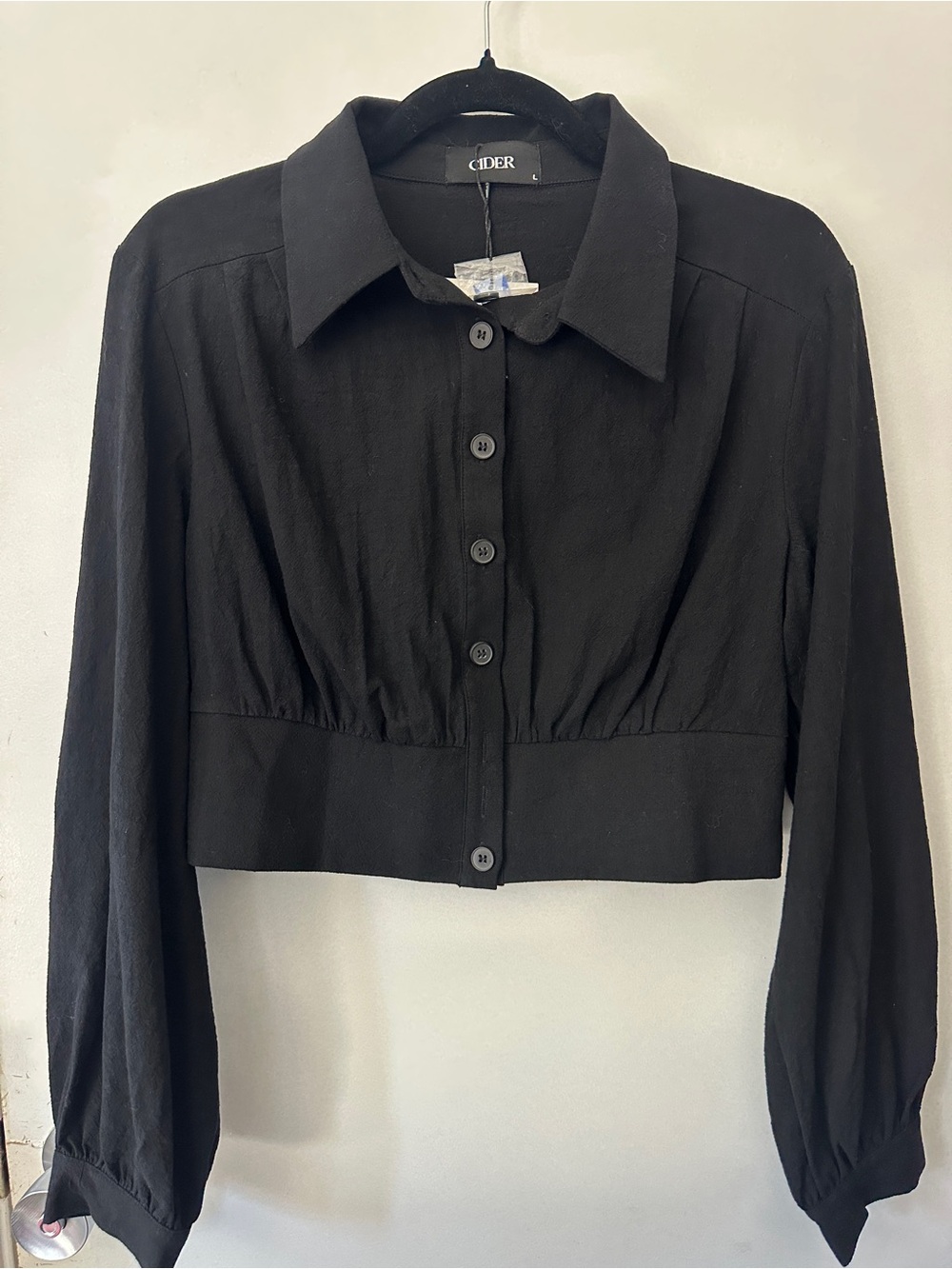 Cider Cropped Button Down Blouse Black Long Sleeve Collared Top Size Large NWT